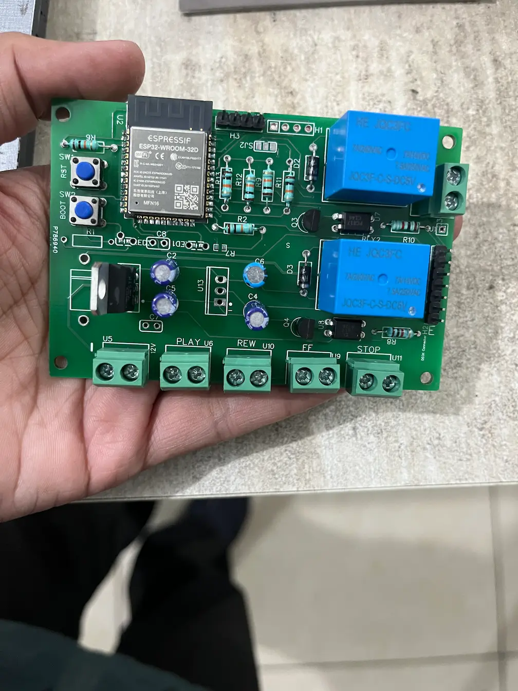Final custom ESP32 cassette deck controller PCB with two relays and separate PLAY, REW, FF and STOP terminal blocks